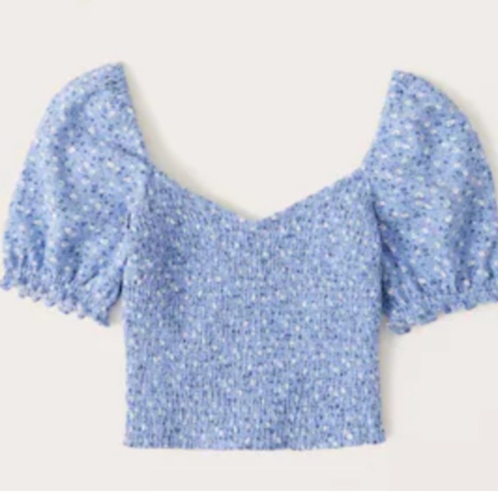 Abercrombie and Fitch Pale Blue Floral Smocked Puff Sleeve Linen Top XL